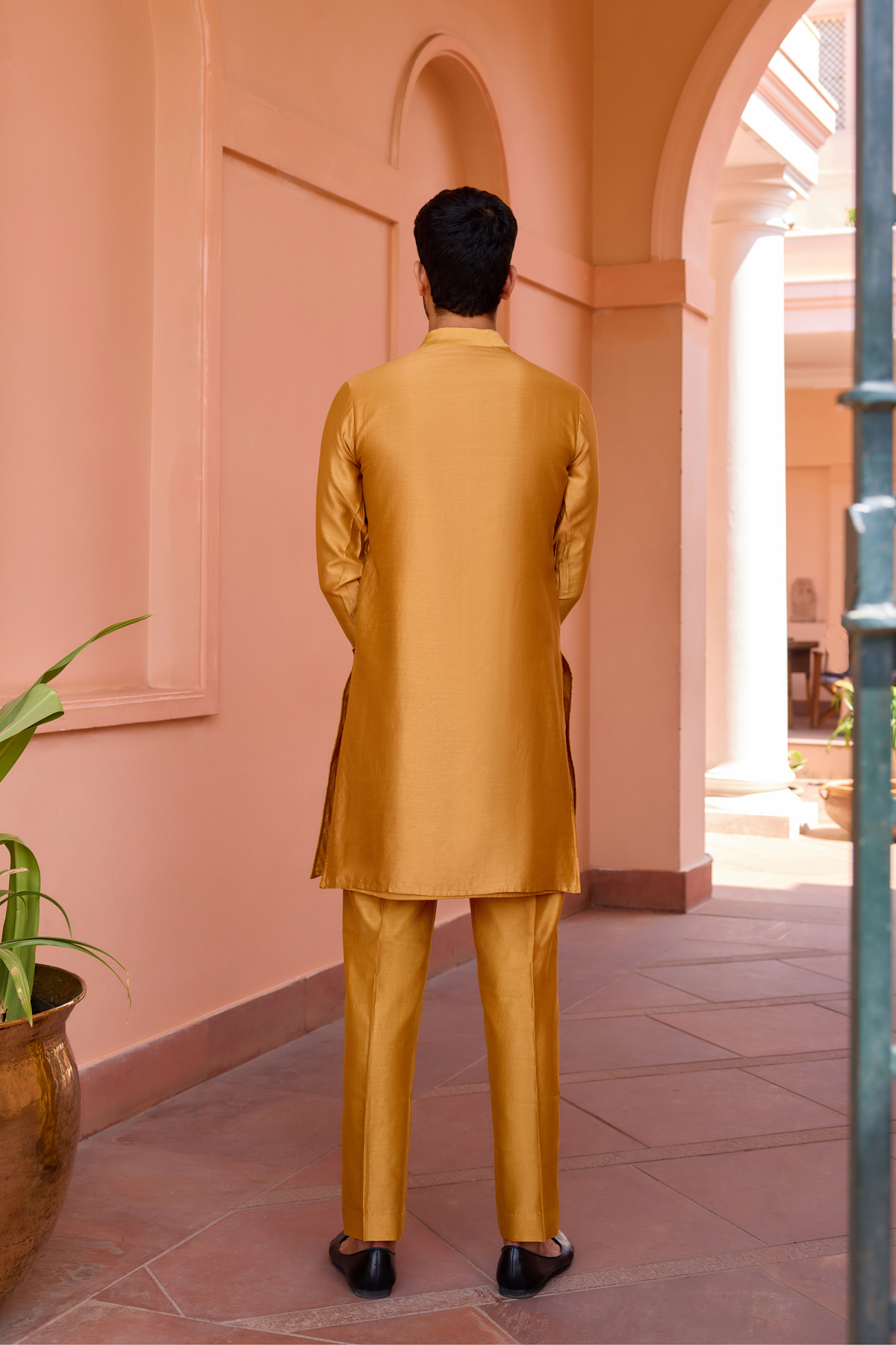 Gold mustard dori and hand embroidered silk kurta set