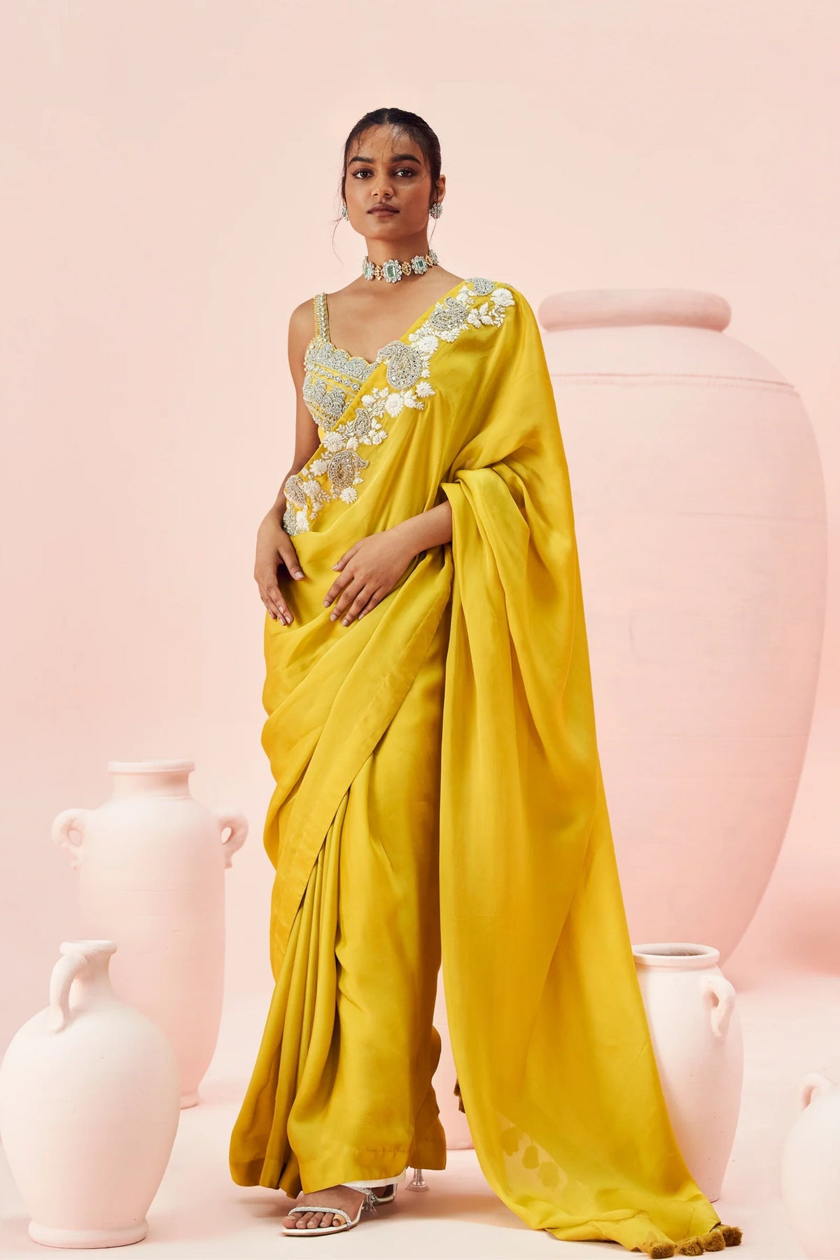 Daisy Yellow Embroidered Saree Set