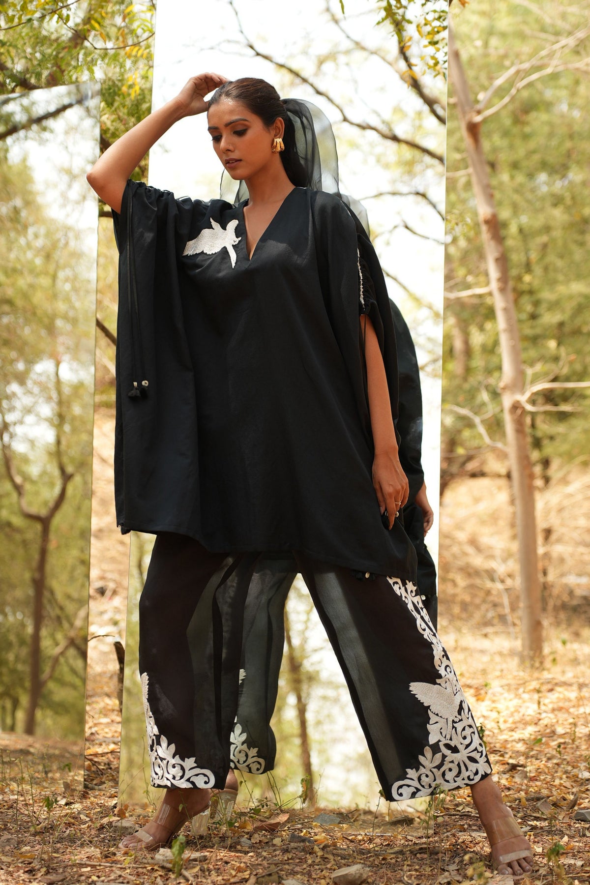 Black Embroidered Kaftan With Organza Pants