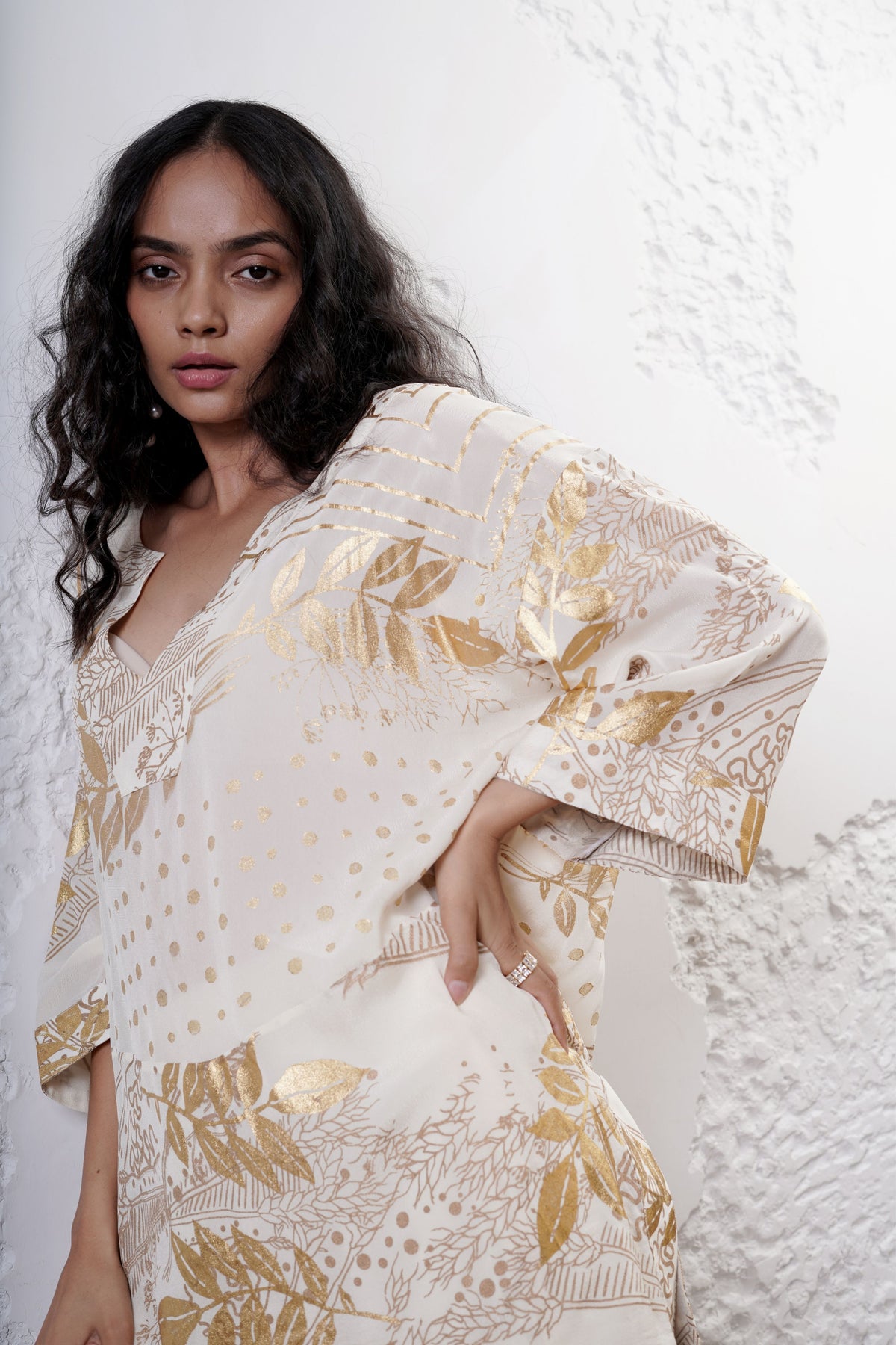 Ivory Foil Printed Kaftan Set