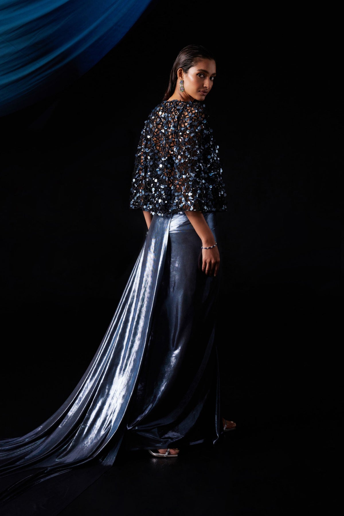 Metallic Blue Gown With Cape