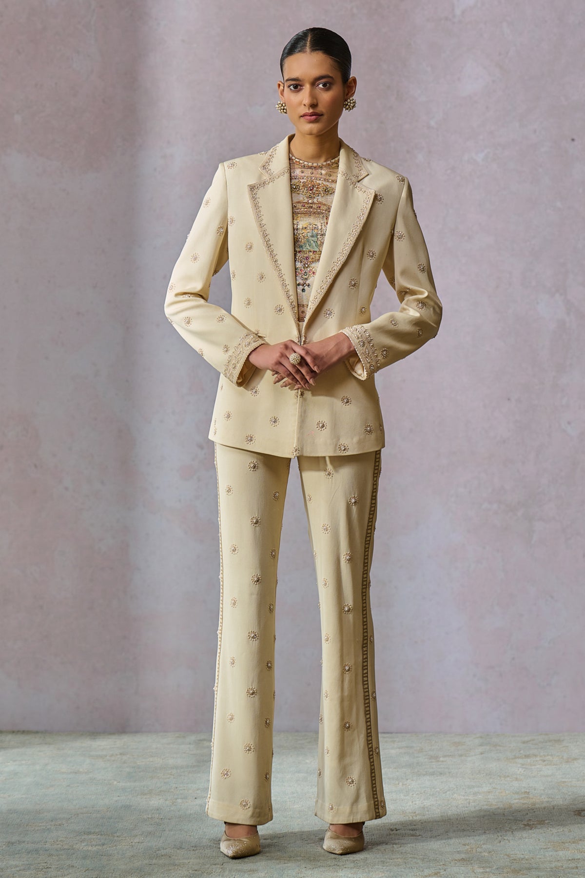 Ecru Hand Embroidered Jacket With Trousers