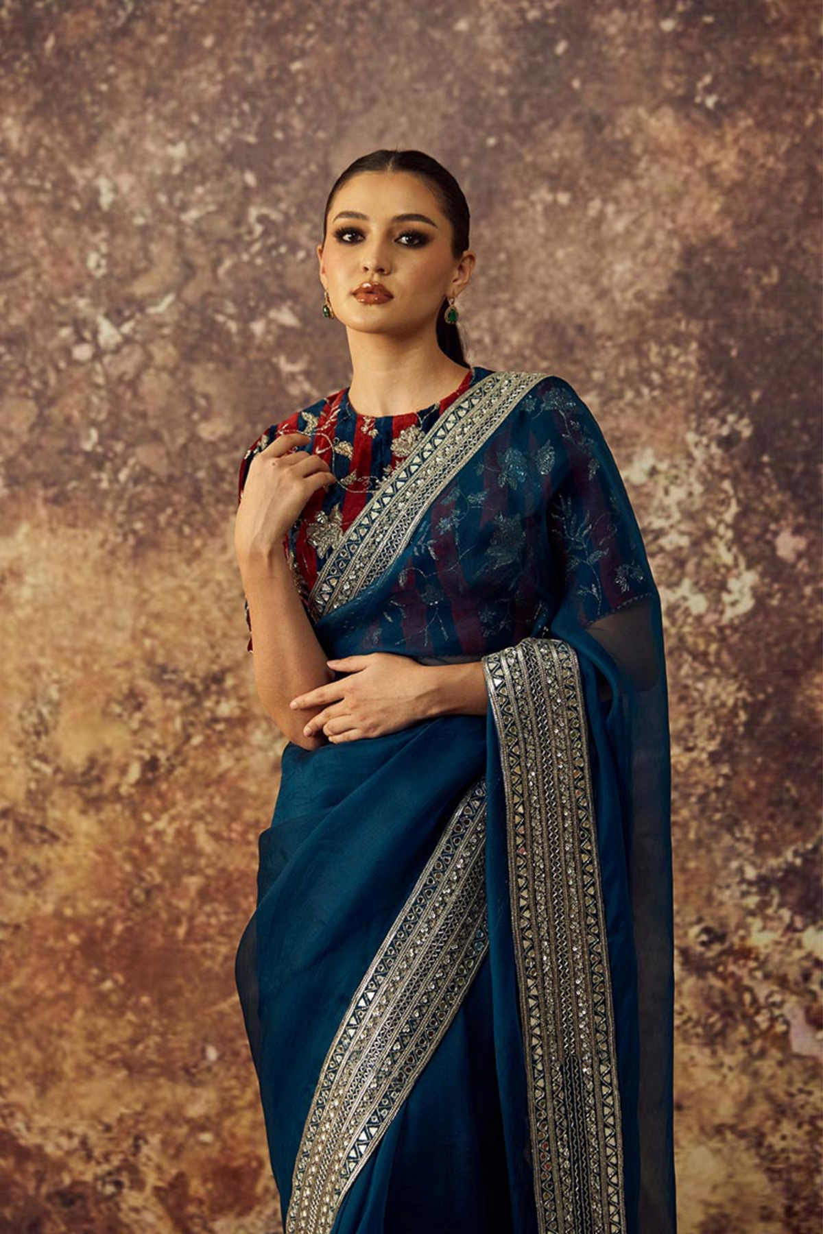 Blue Embroidered Saree Set