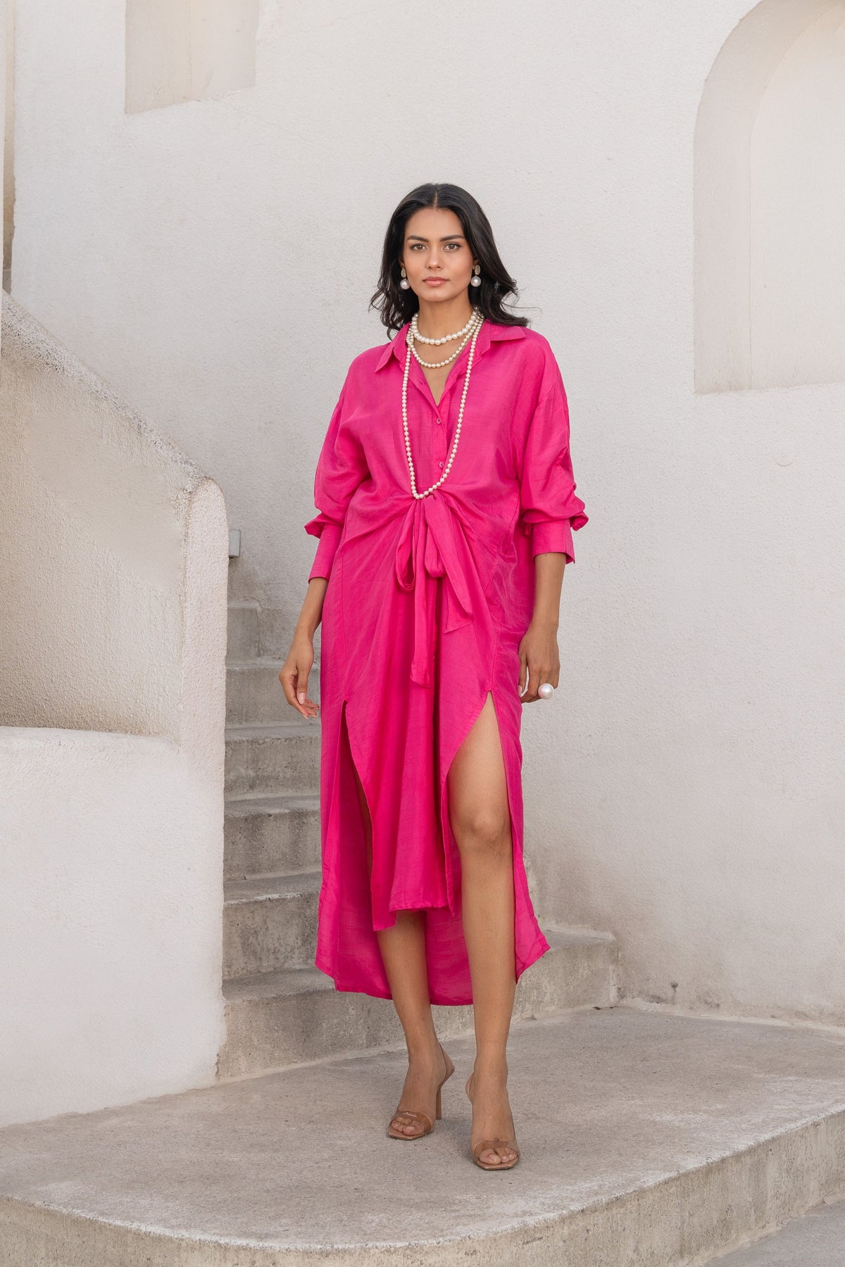 Hot Pink Tie-up Shirt Dress