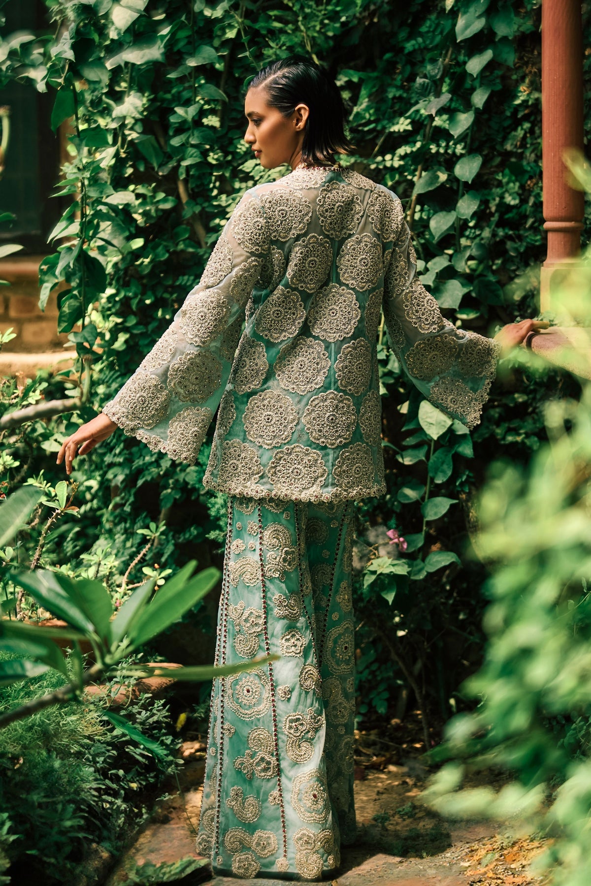 Coral Blue Embroidered Jacket Set