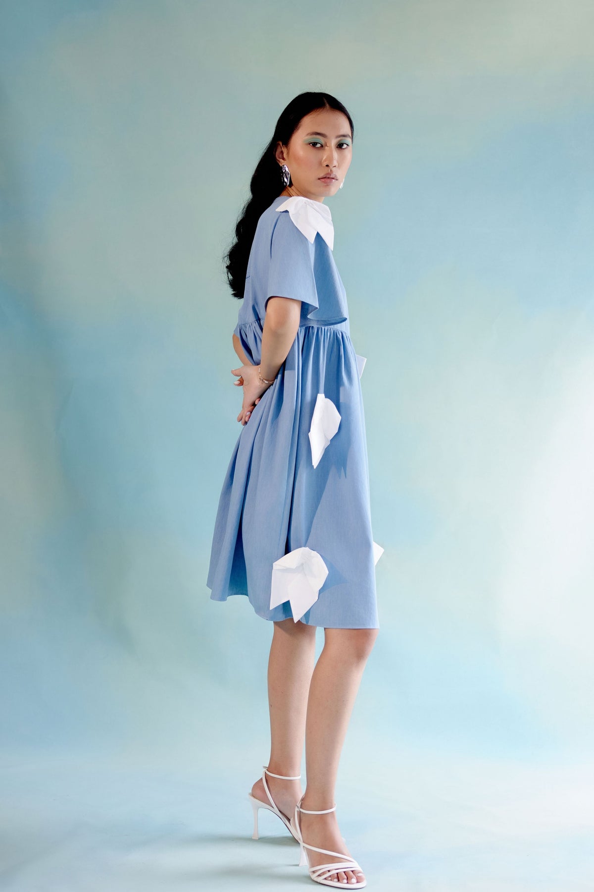 Fun Bow Dress In Light Blue &amp; White