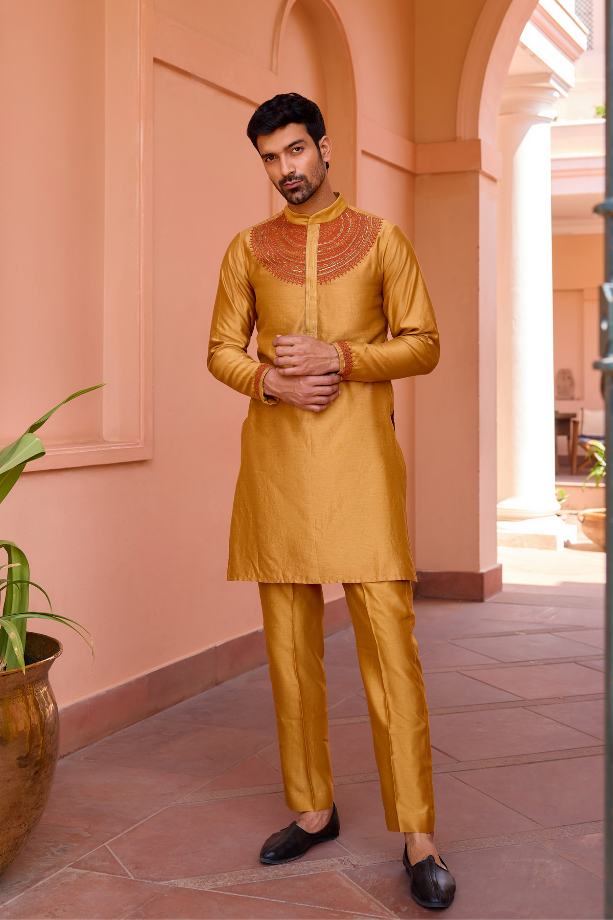 Gold mustard dori and hand embroidered silk kurta set