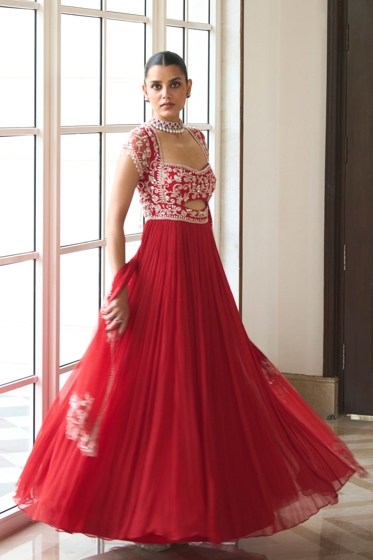 Red Chiffon Anarkali Set