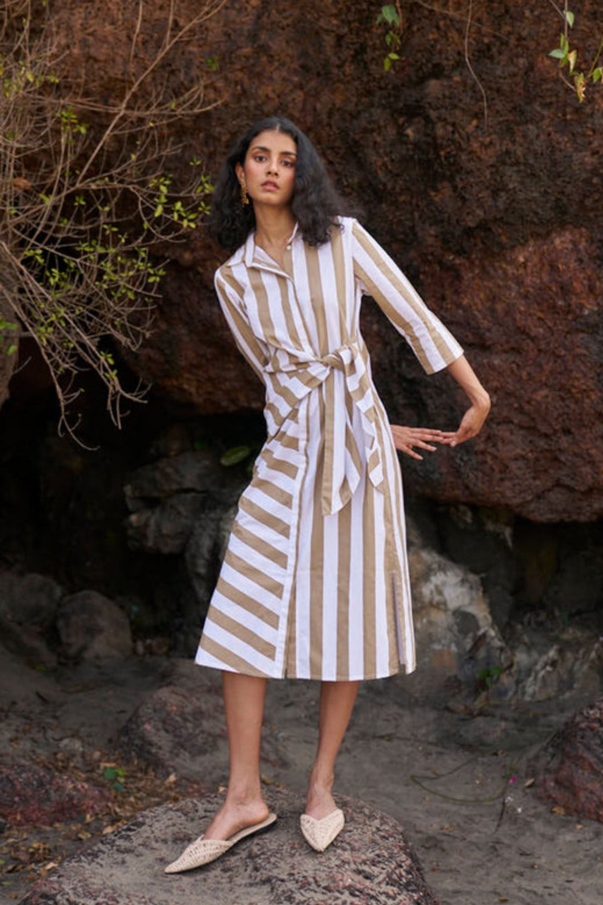 Side Tie Striped Shirt Dress