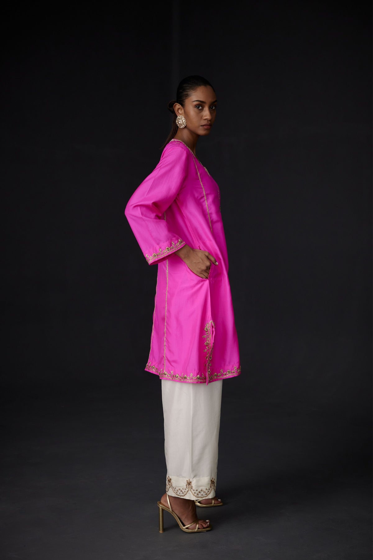 Embroidered Tunic Set in Hot Pink and Ivory