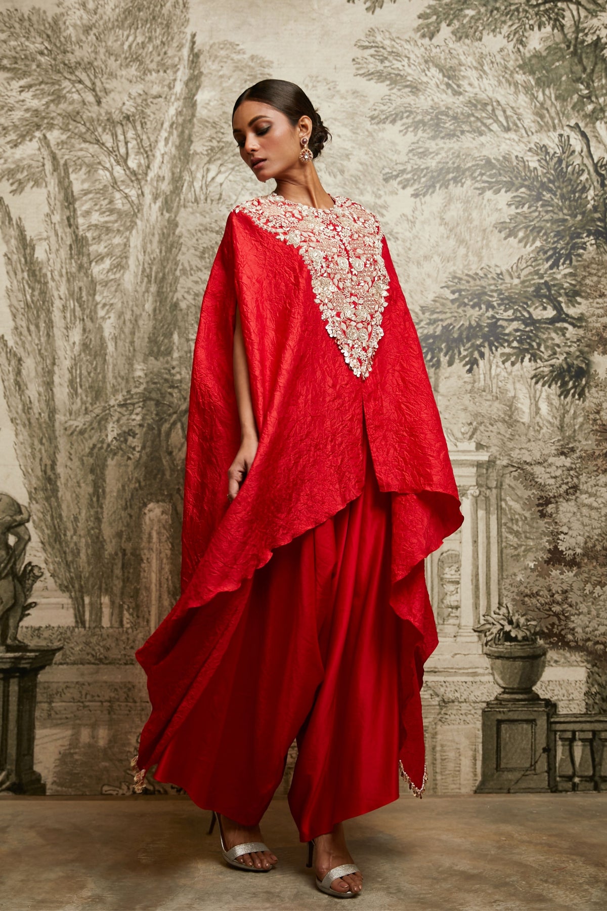 Red Crushed Silk Kaftaan Set