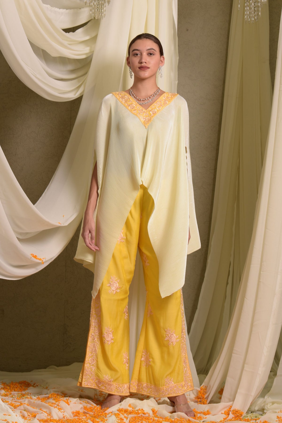 Reyna Gara Yellow Glazed Embroidered Pleated Cape Set