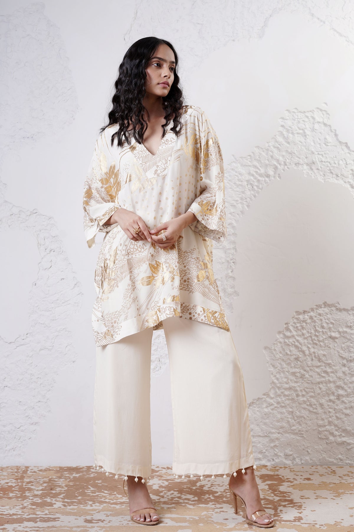 Ivory Foil Printed Kaftan Set