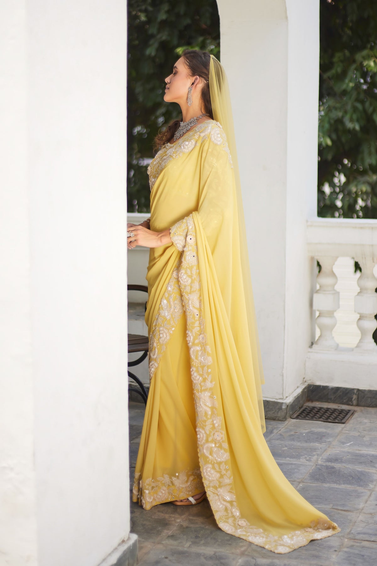 Yellow Garden Crane Saree