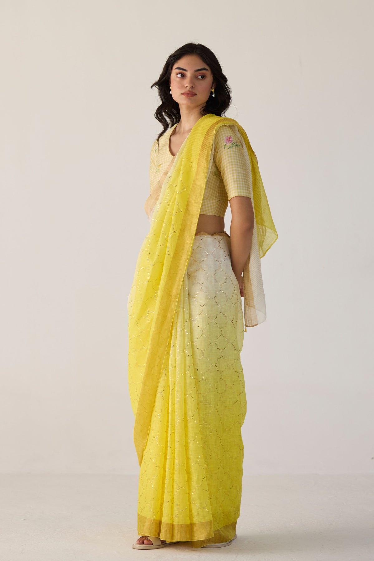 Yellow Ombre Sari With Gold Dot Print