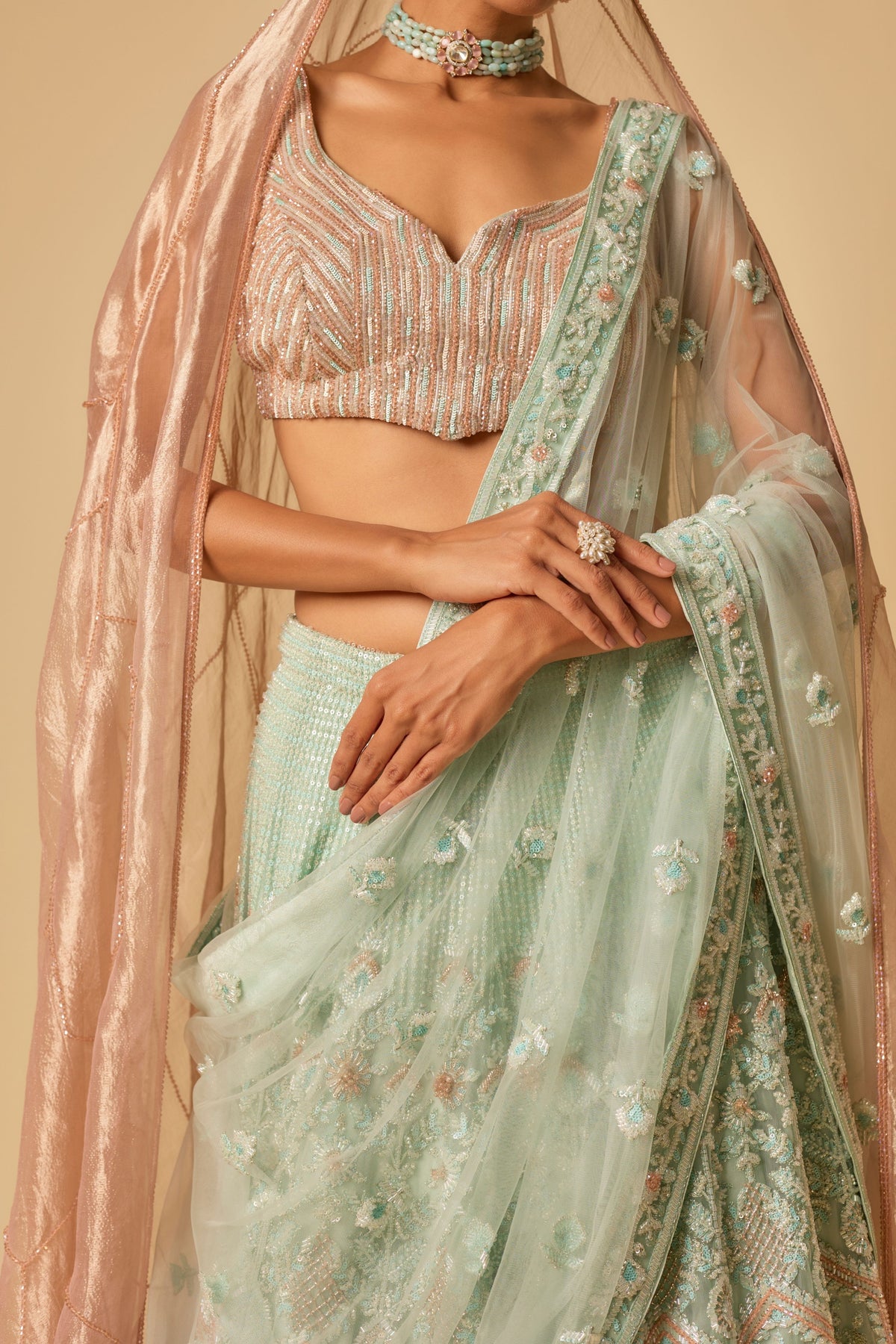 Mint Heavy Embroidered Lehenga Set