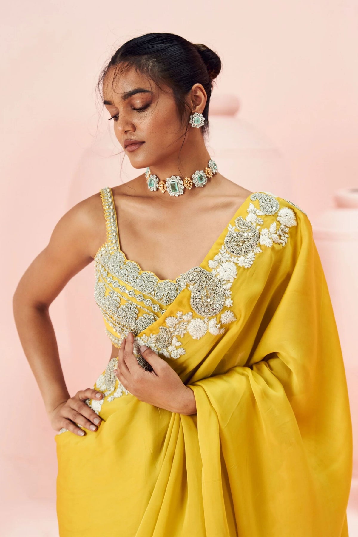 Daisy Yellow Embroidered Saree Set