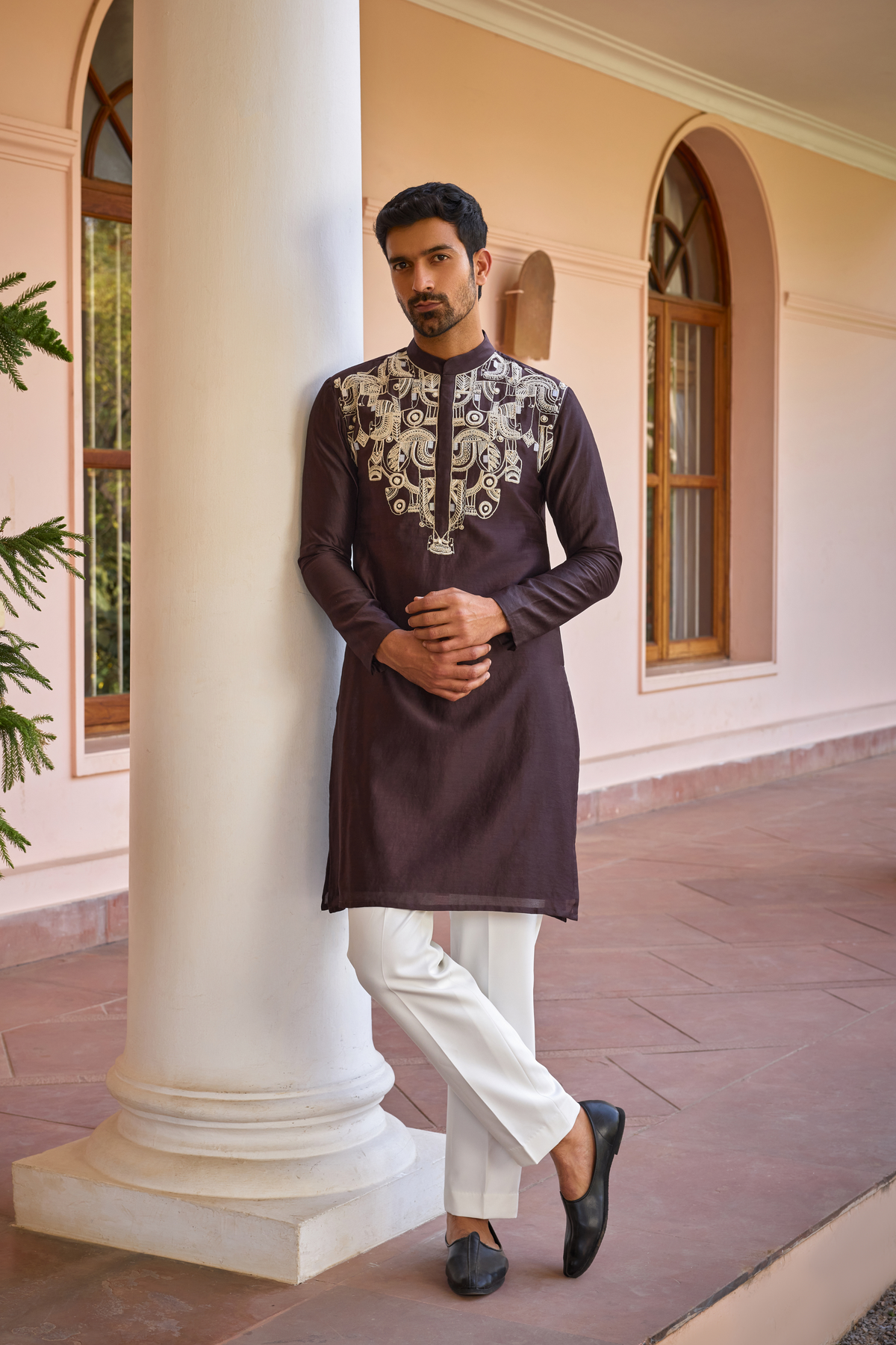 Brown dori and hand embroidered silk kurta