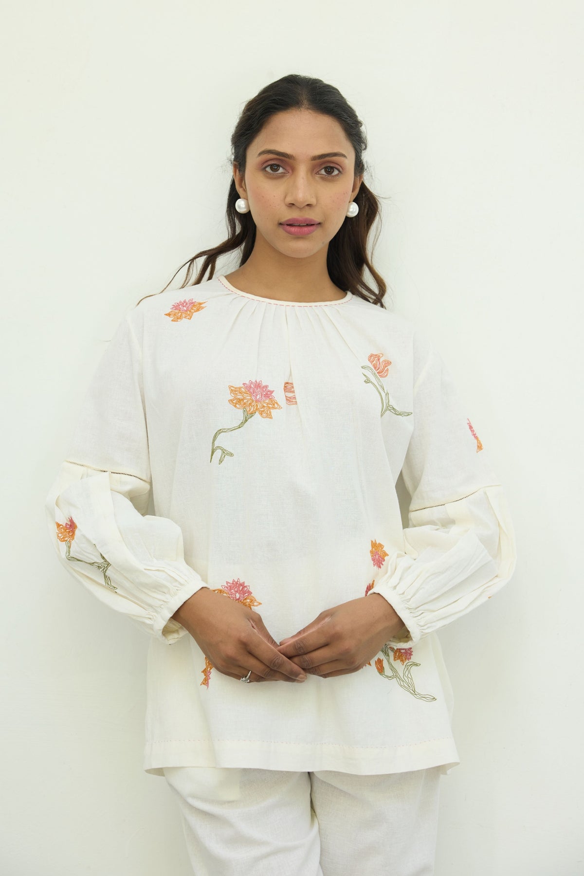 Hand Embroidered White Cotton Top