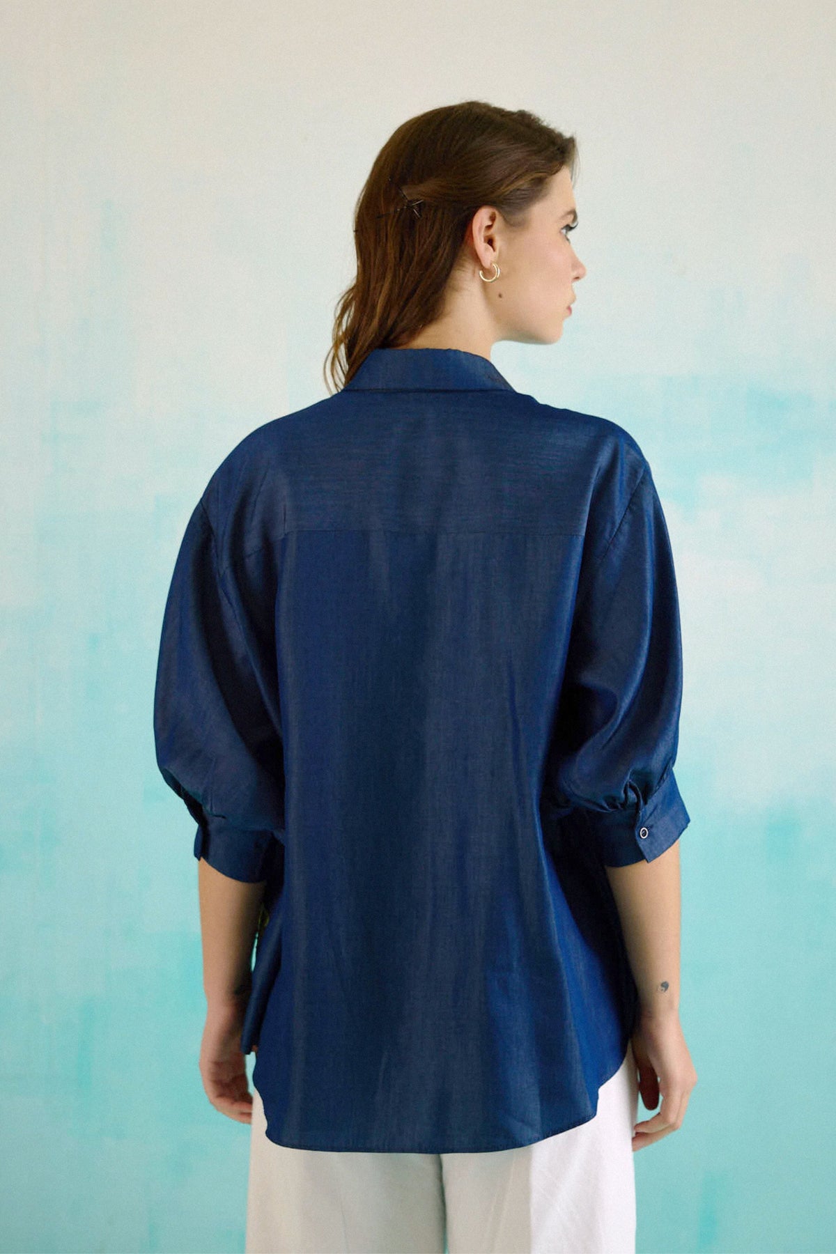 Denim Lotus Oversized Embroidered Shirt