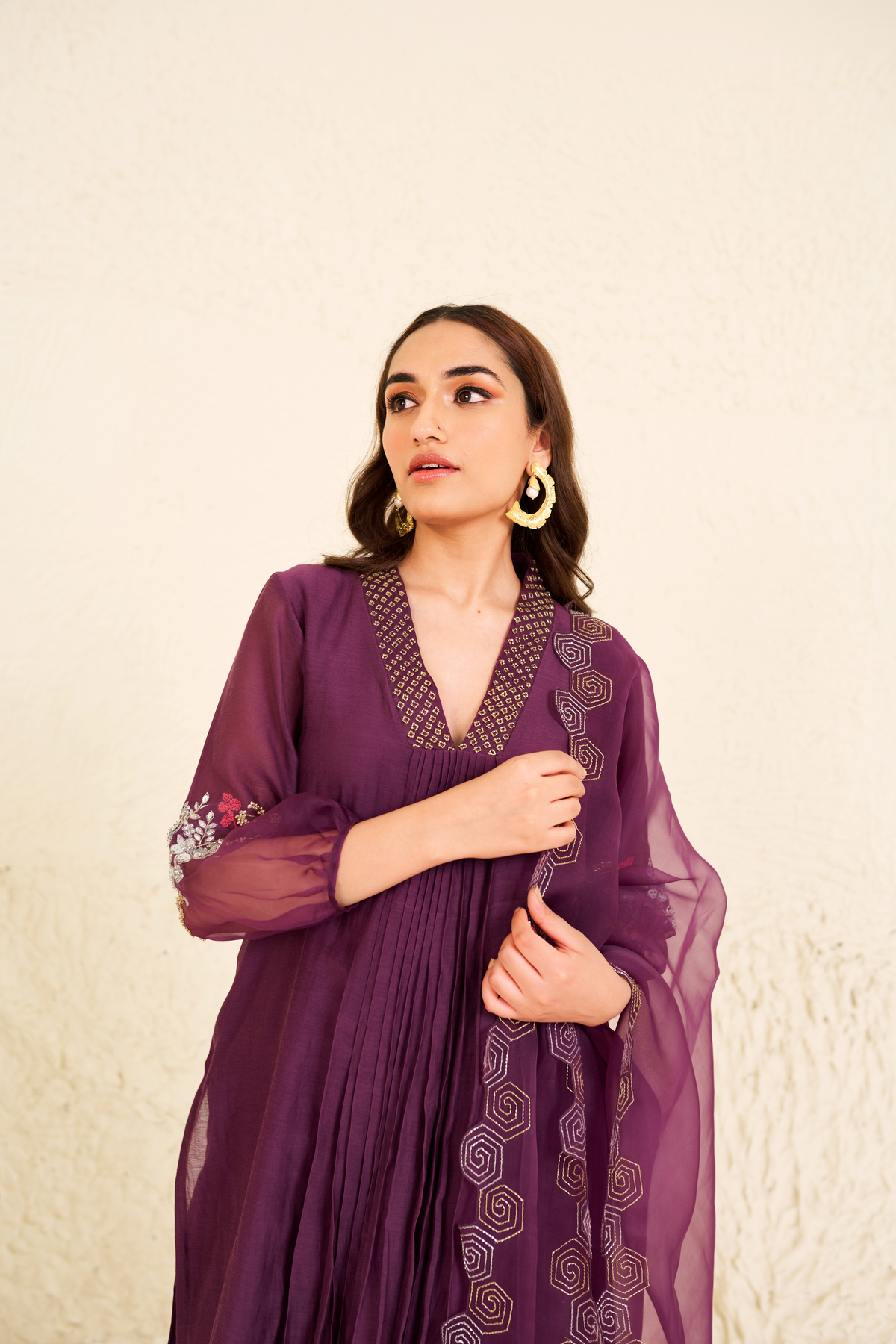 Purple Mauve V- Neck Kurta Set