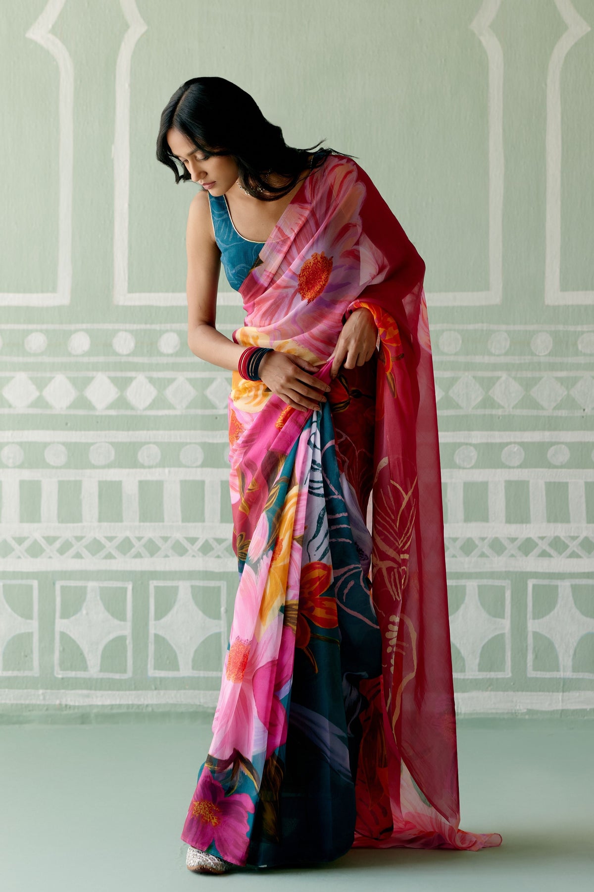 Teal &amp; Fuschia Floral Saree