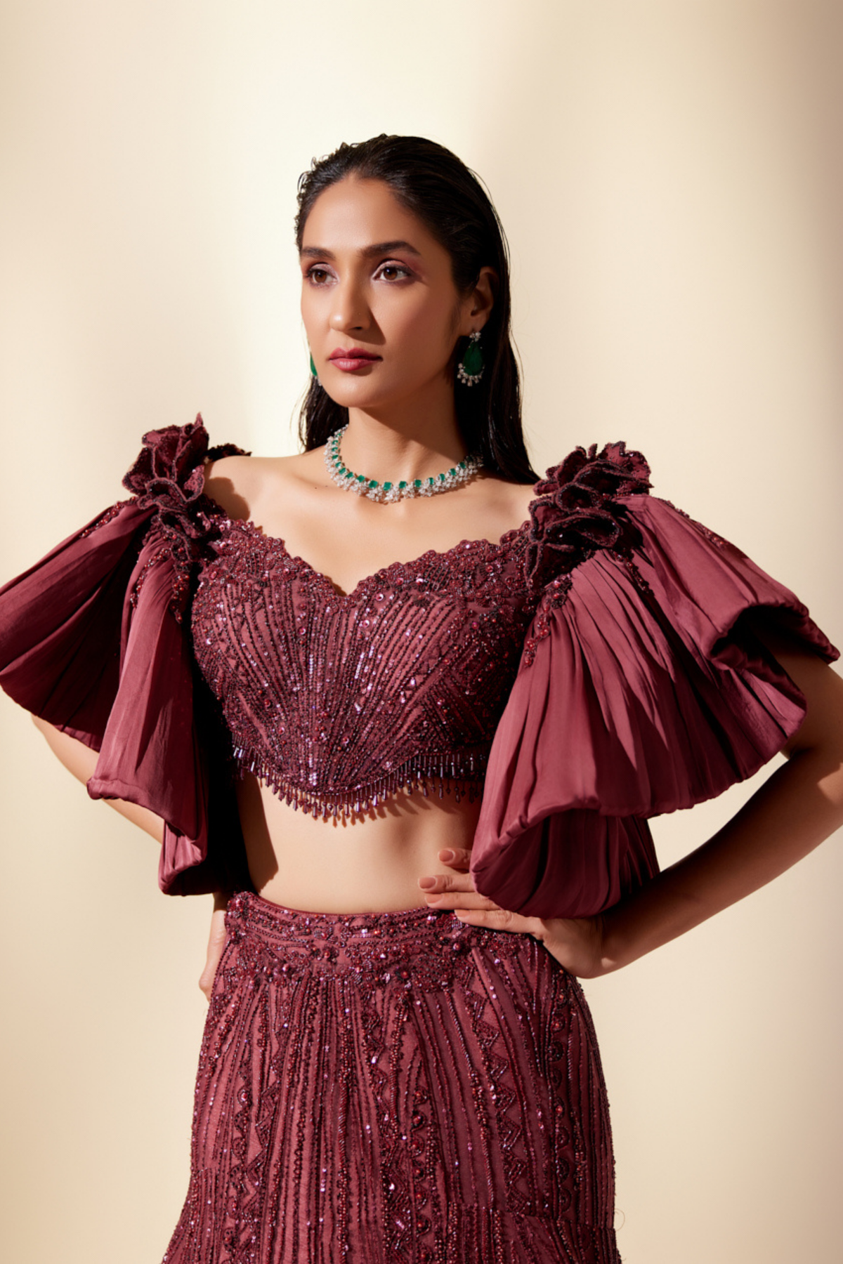 Wine Full Bloom Lehenga