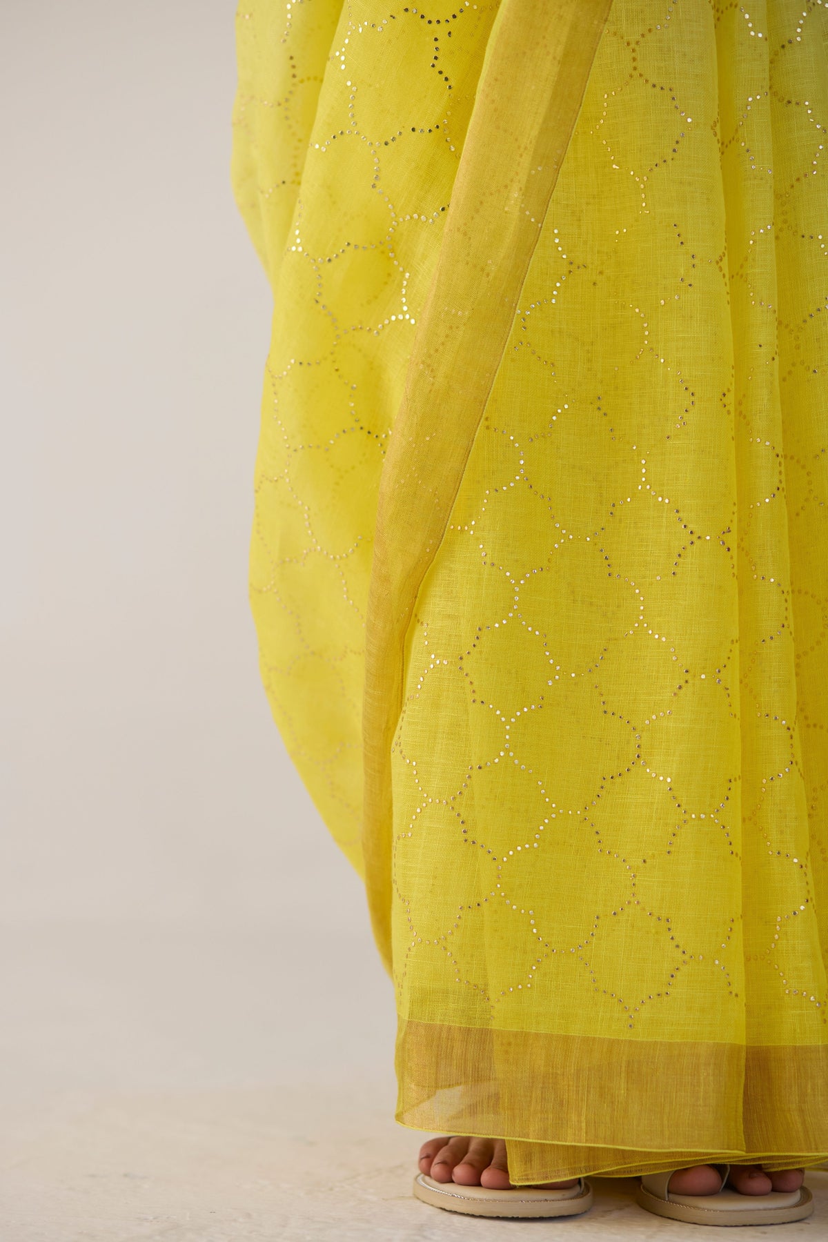 Yellow Ombre Sari With Gold Dot Print