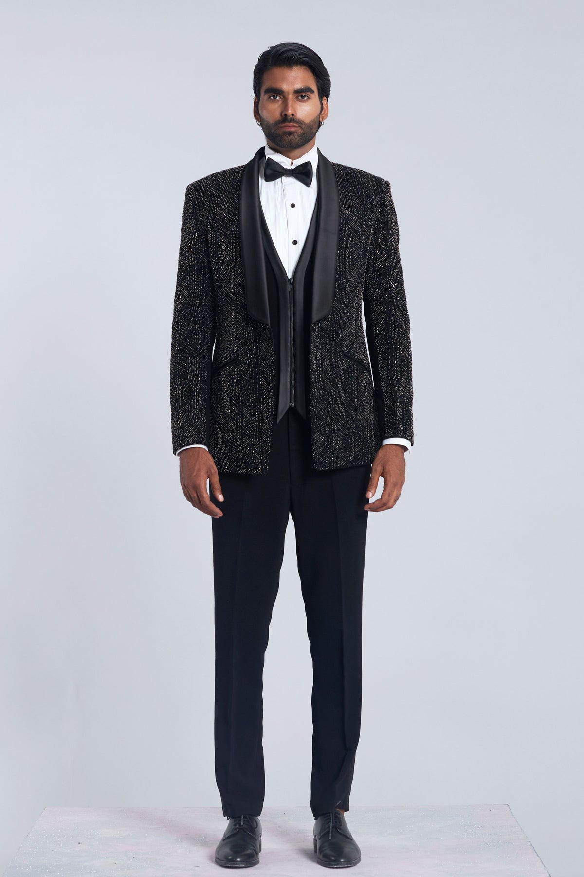 Black Sandwash Pearl Embroidered Tuxedo Set