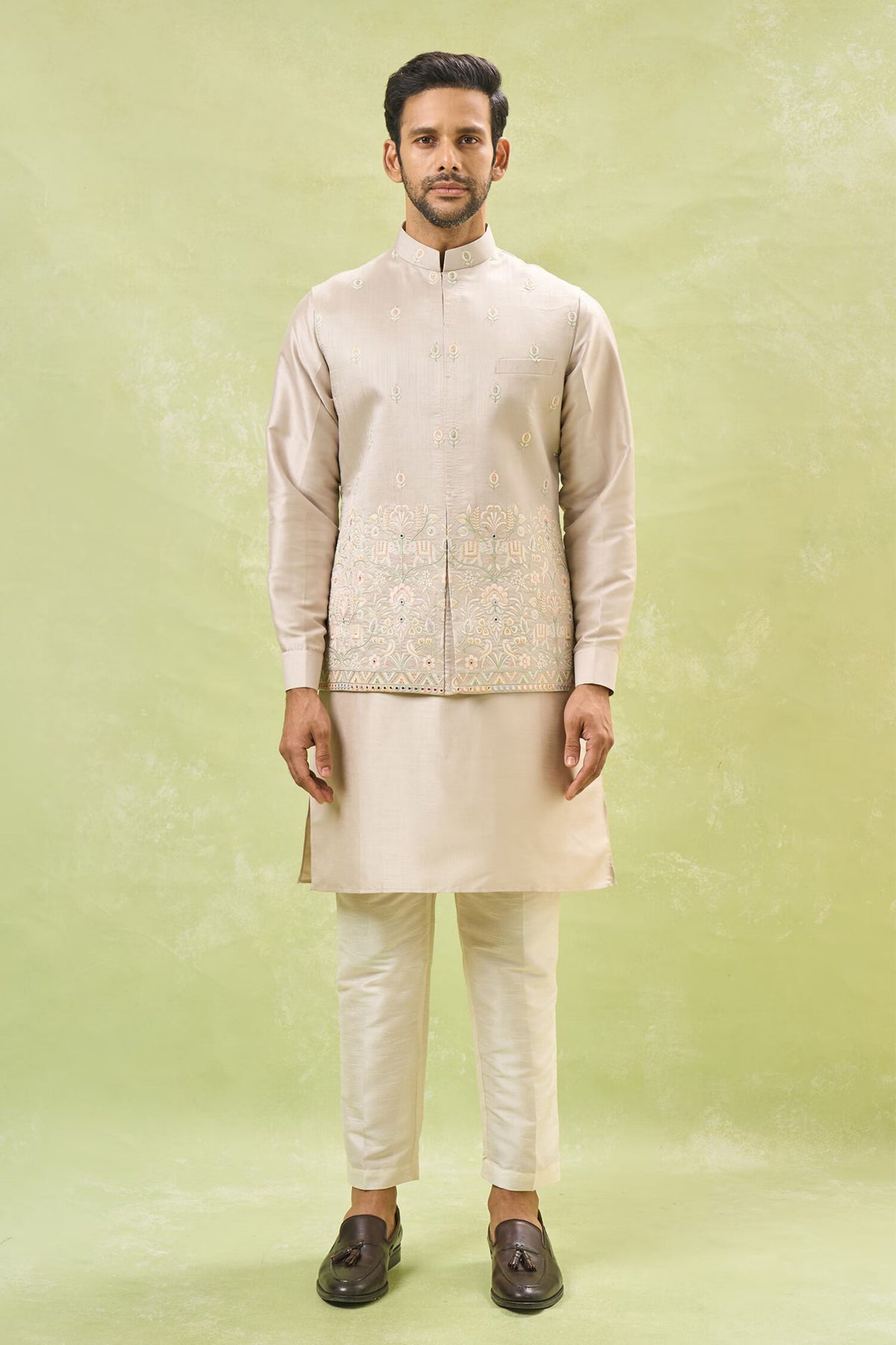 Beige Embroidered Nehru Jacket Set