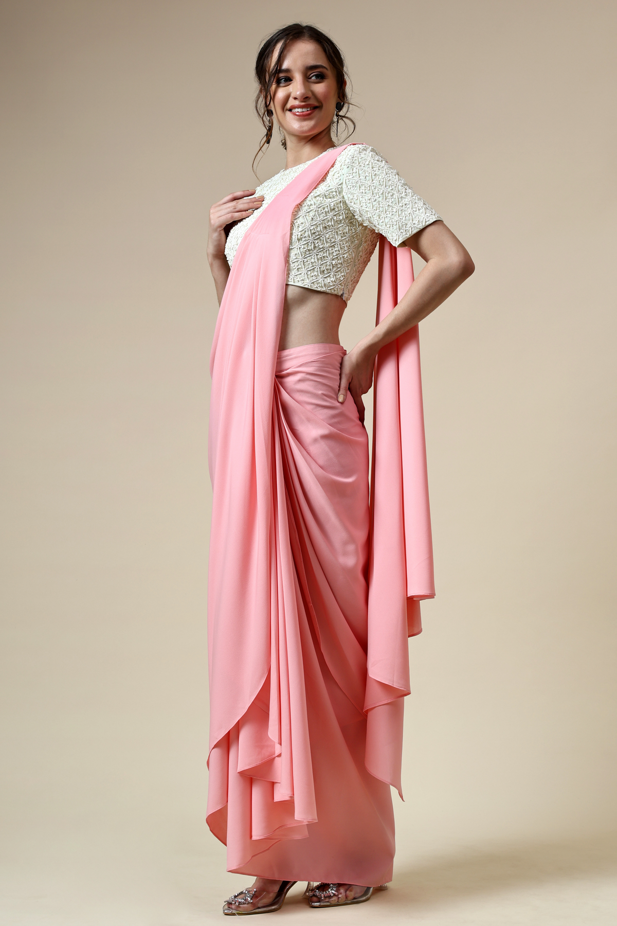 Snow Embellished Blouse With Pre- Draped Sari