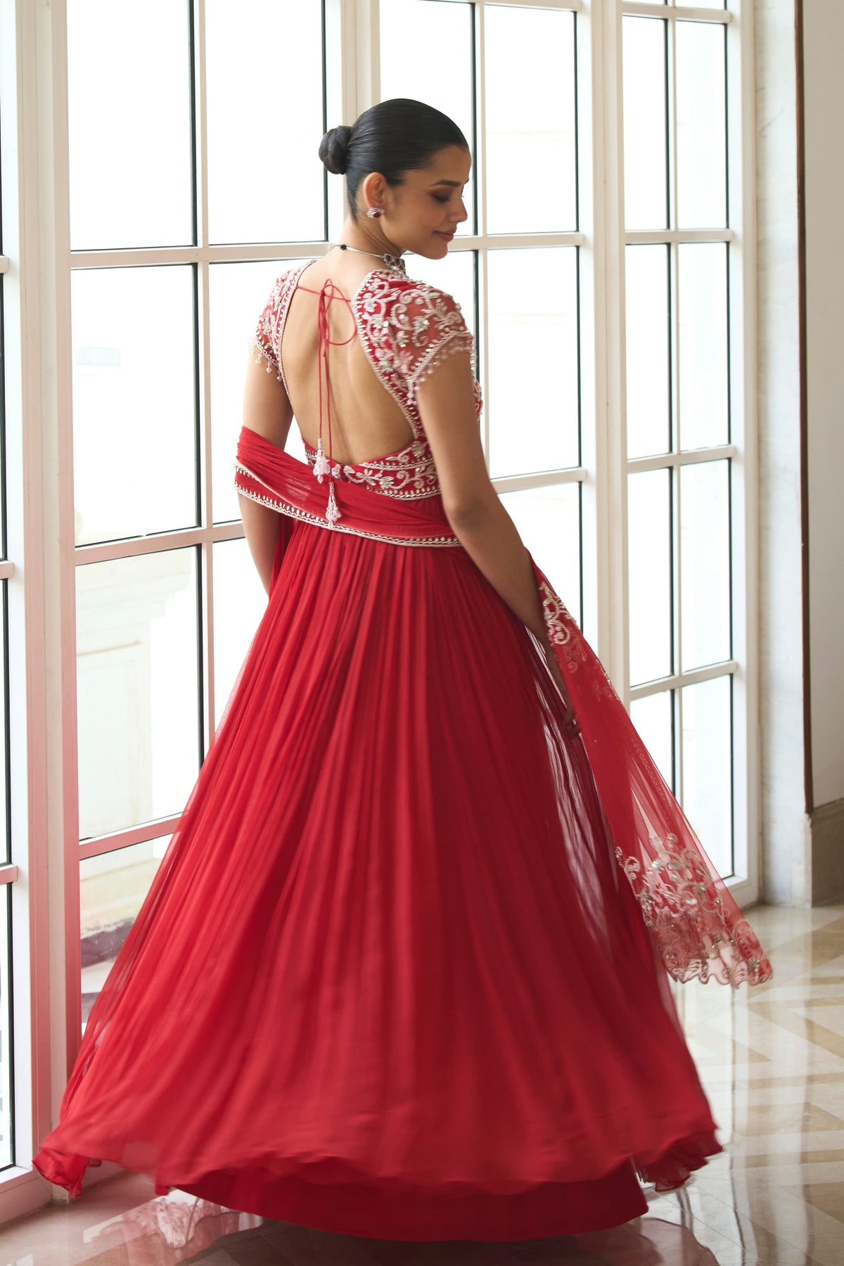 Red Chiffon Anarkali Set