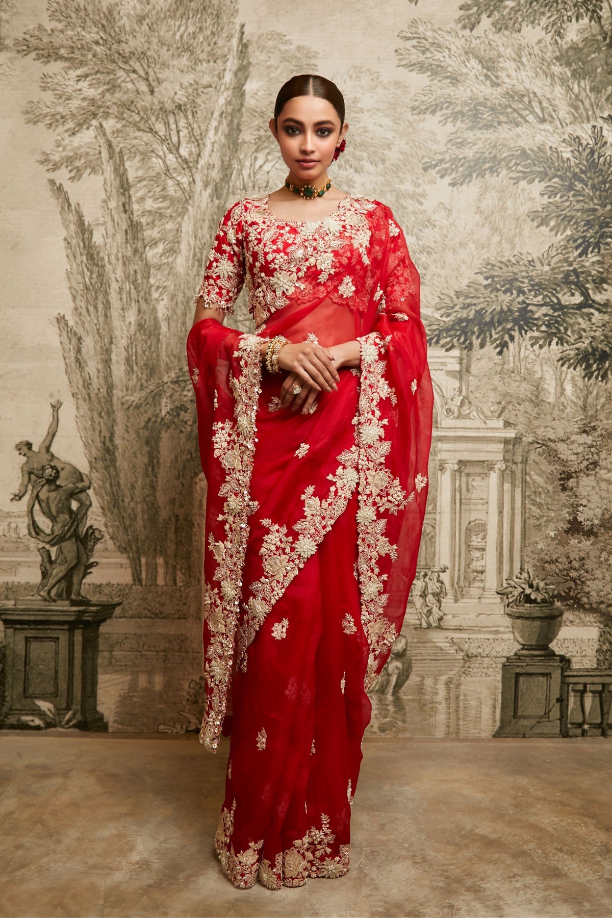 Red Organza Saree Set