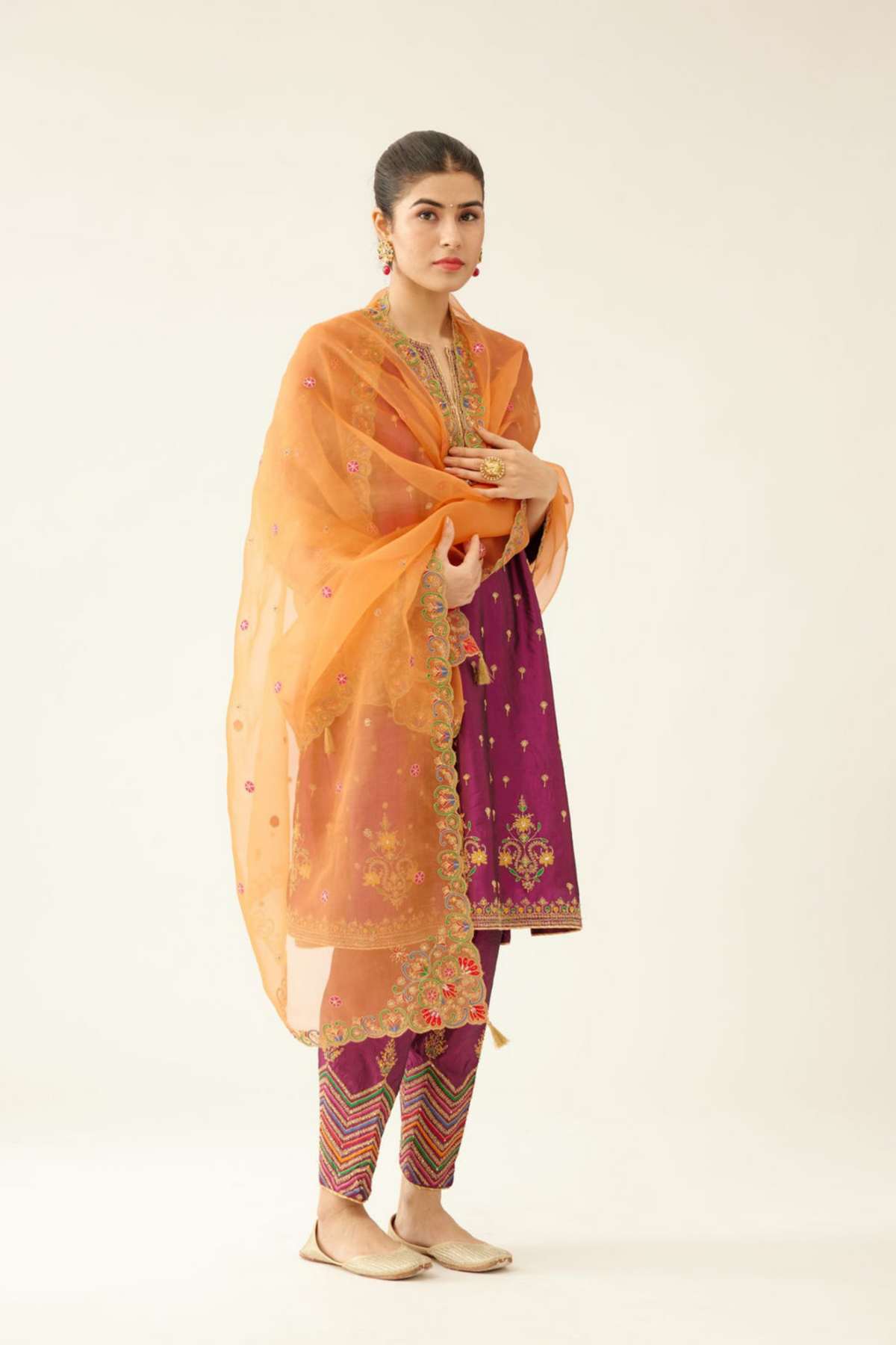 Sangria &amp; Purple Silk Kalidar Kurta Set