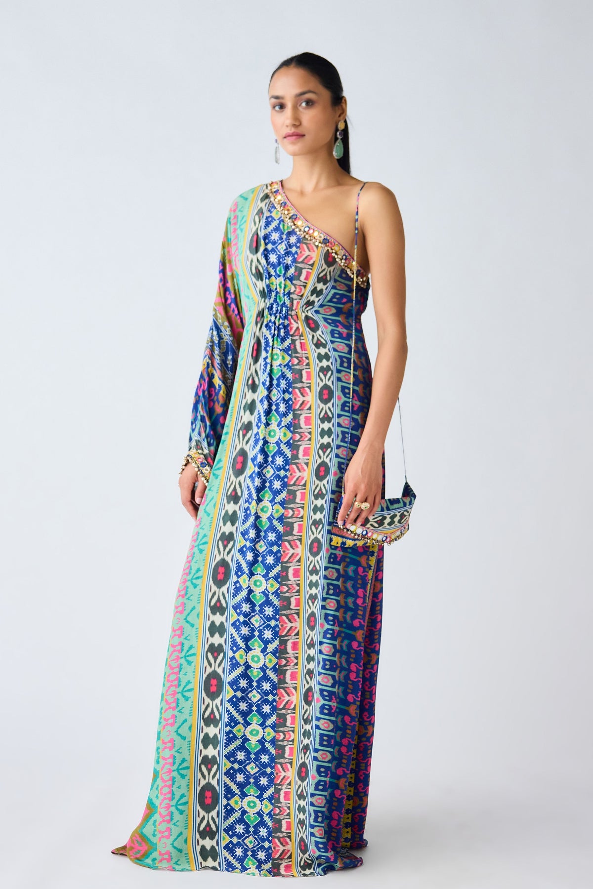 Blue Printed Asymmetric Neckline Dress