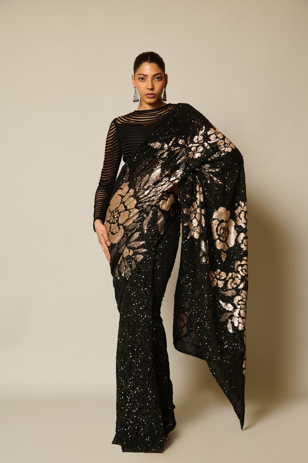 Checkmate Black-gold Sequin Floral Saree