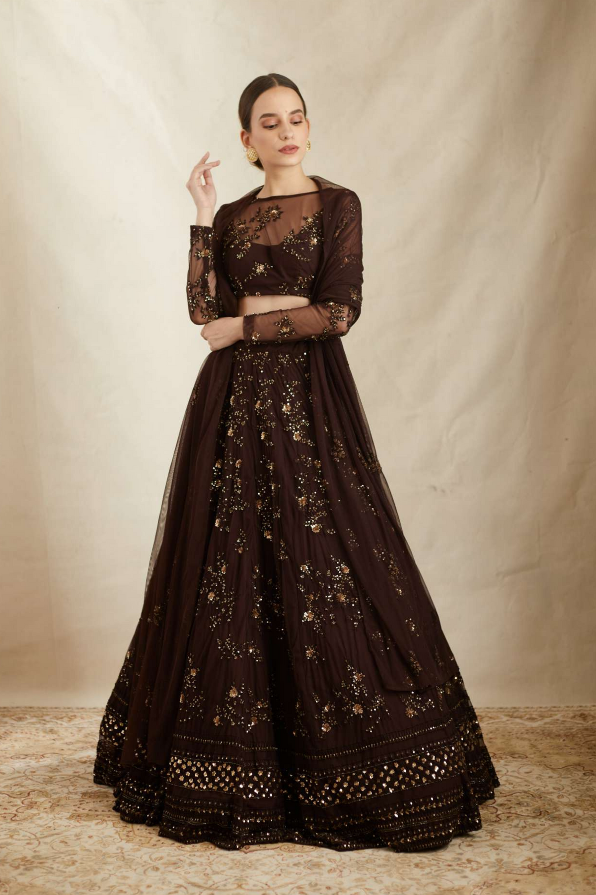 Dark Coffee Thread Work Lehenga Set