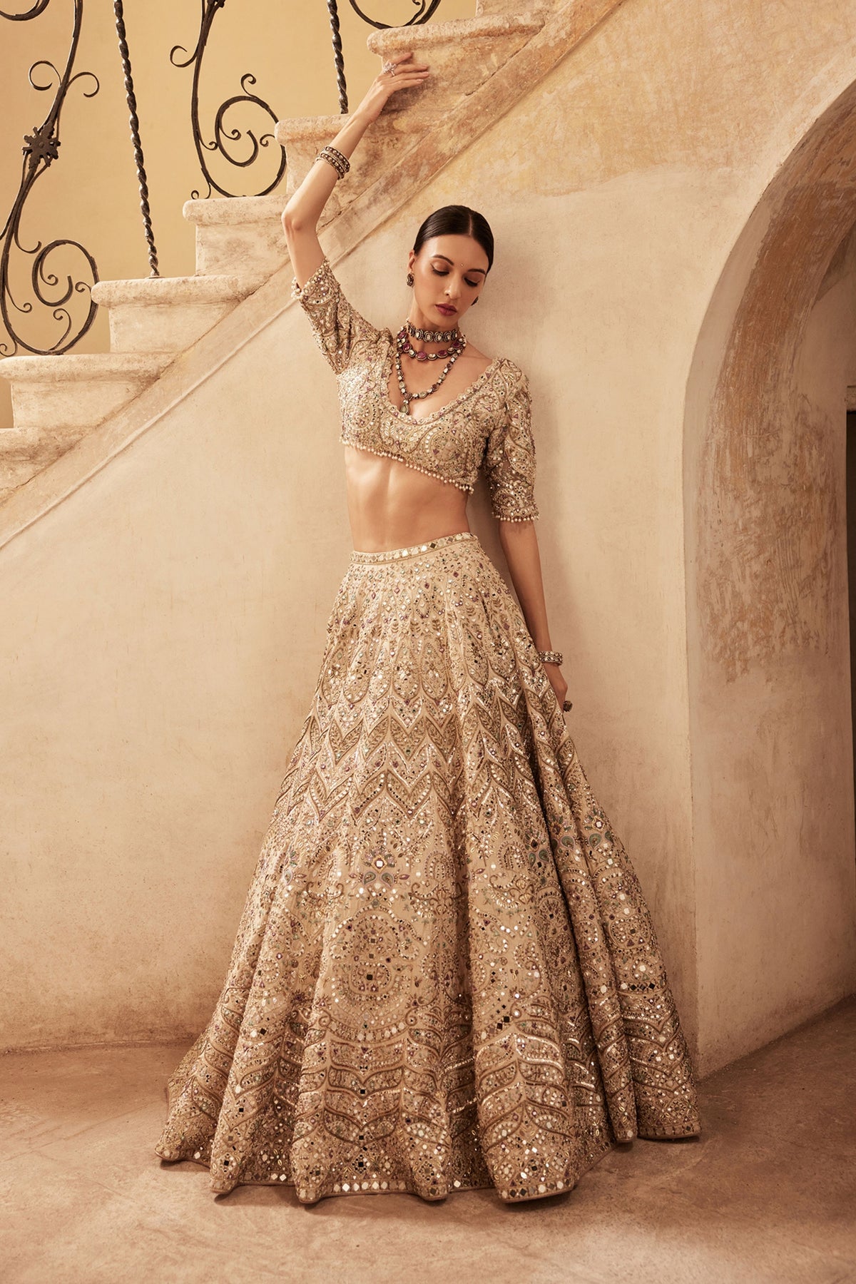 Champagne Rawsilk Mirror Lehenga Set