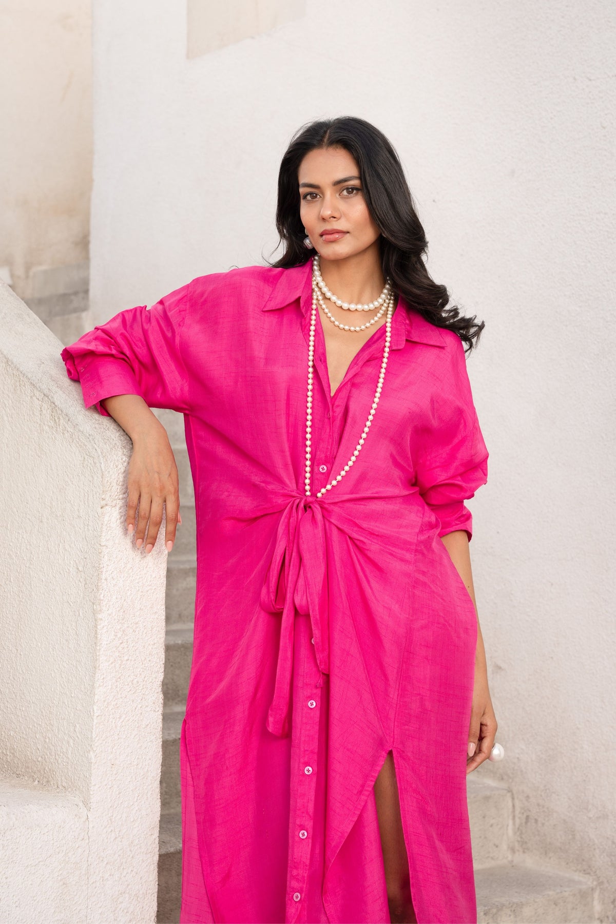 Hot Pink Tie-up Shirt Dress