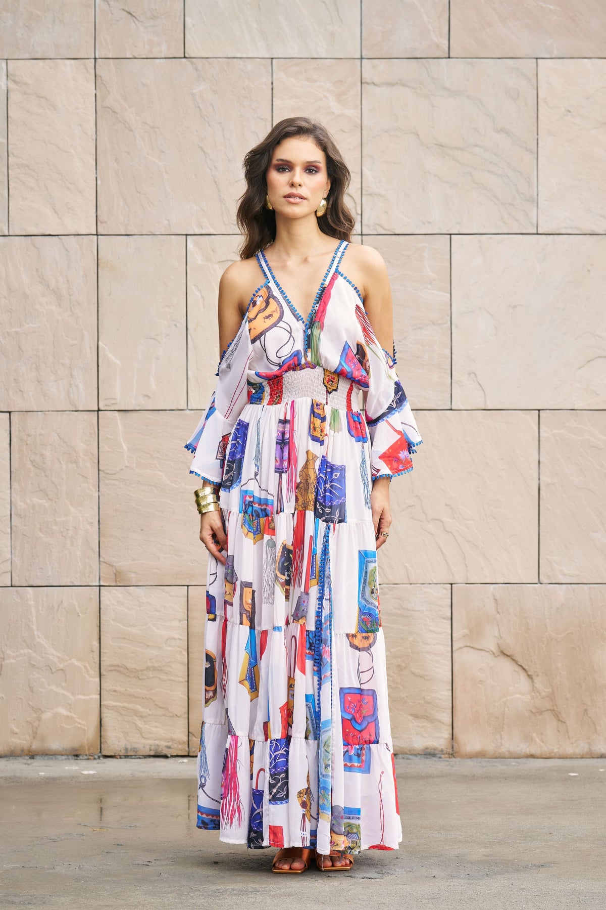 White Printed Cold Shoulder Maxi Dress