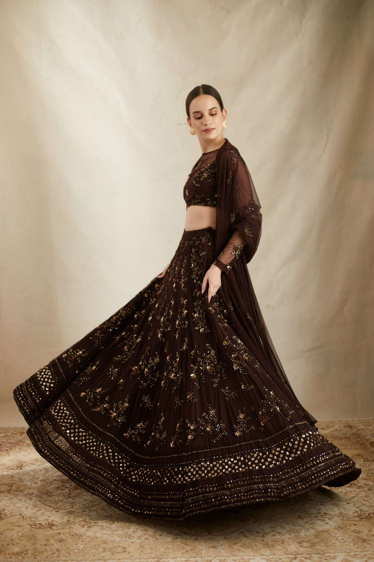 Dark Coffee Thread Work Lehenga Set