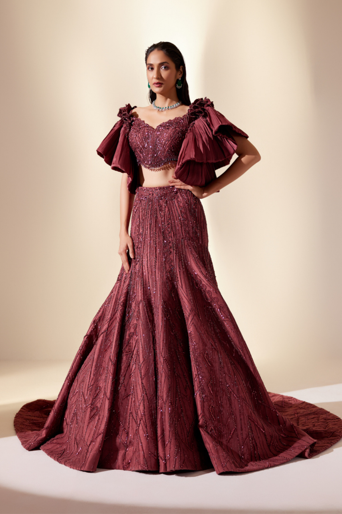 Wine Full Bloom Lehenga