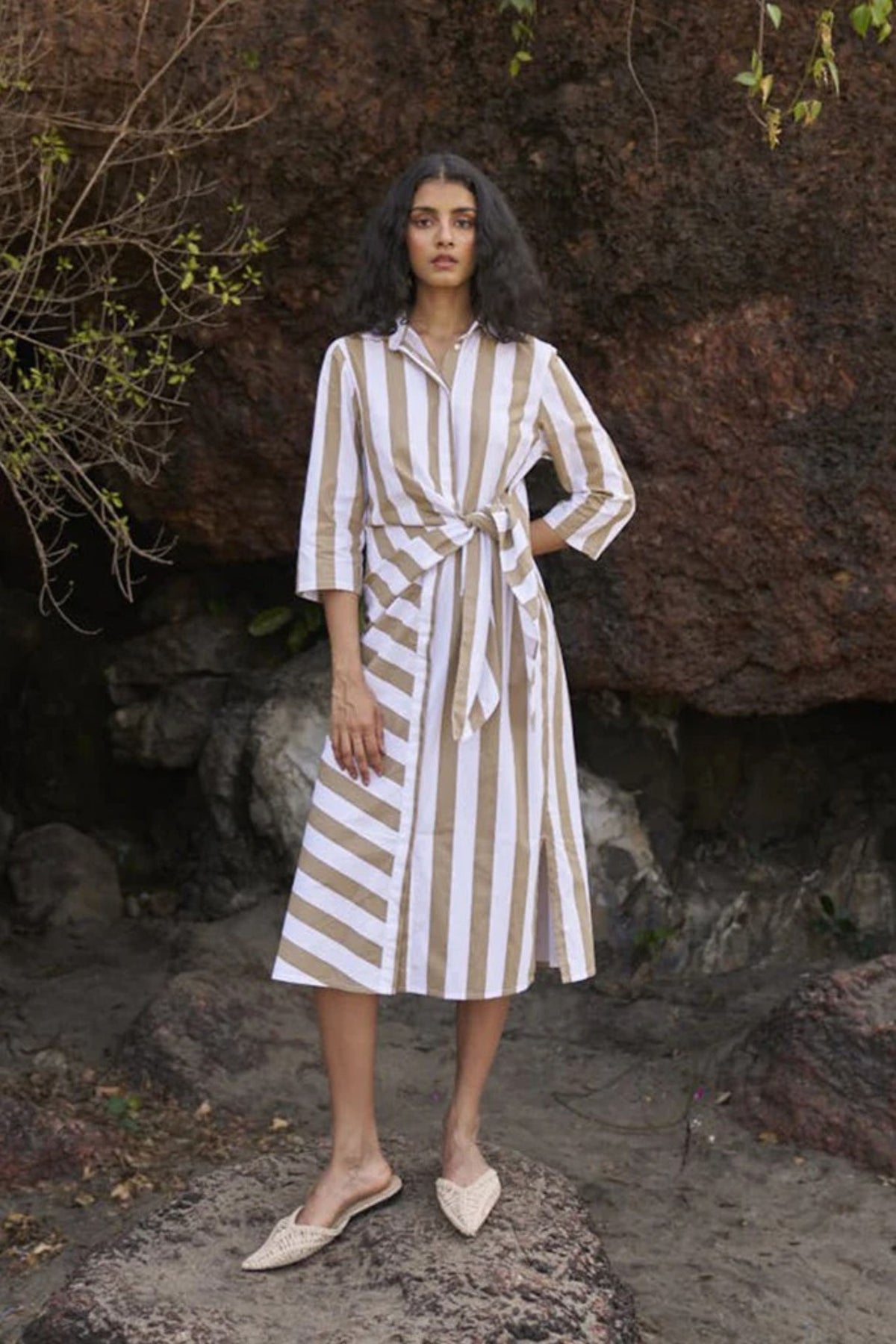 Side Tie Striped Shirt Dress