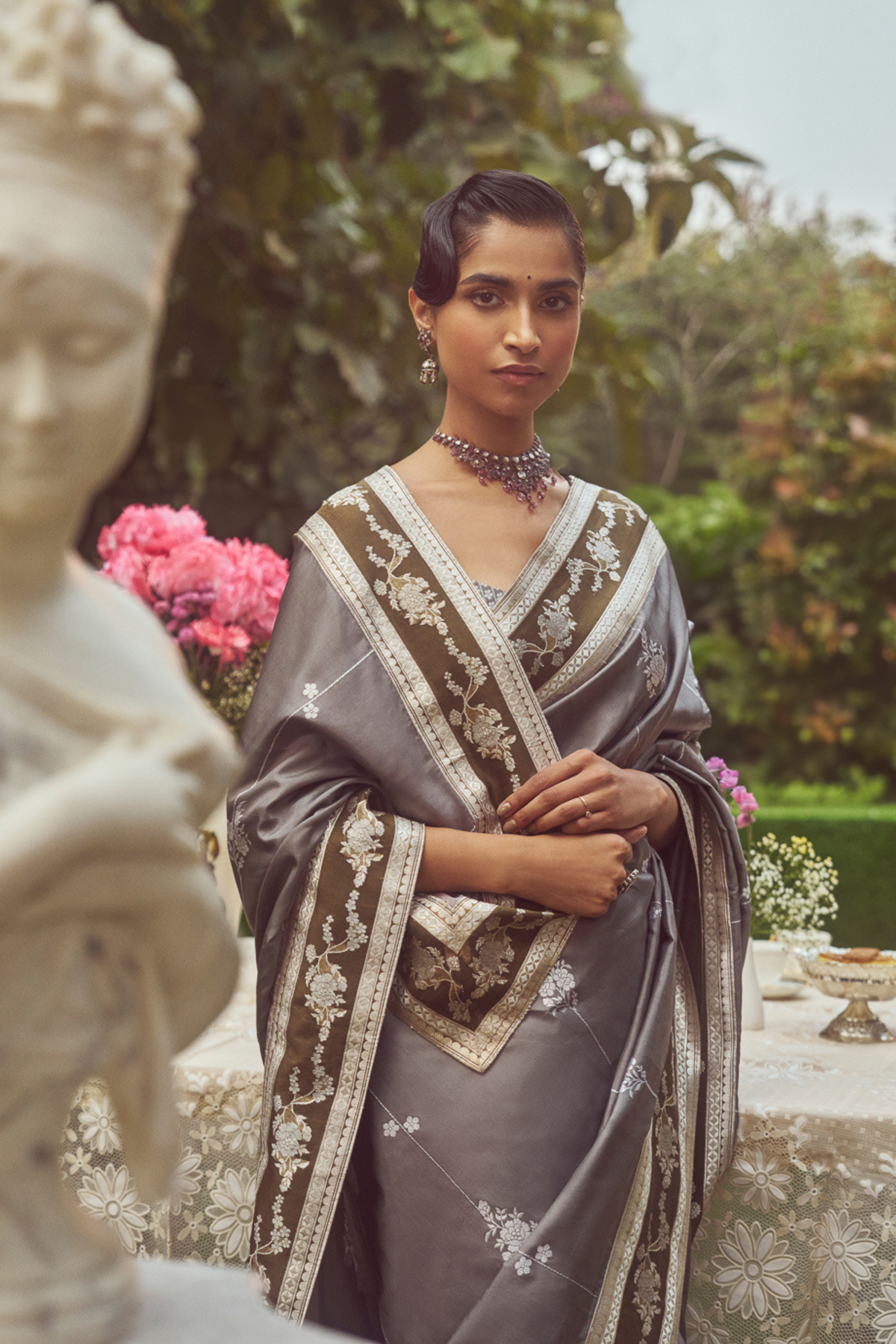 Steel Grey Meenakari Zari Handloom Sari