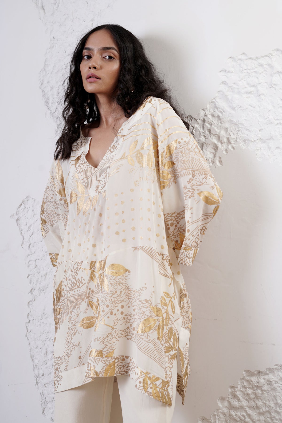 Ivory Foil Printed Kaftan Set