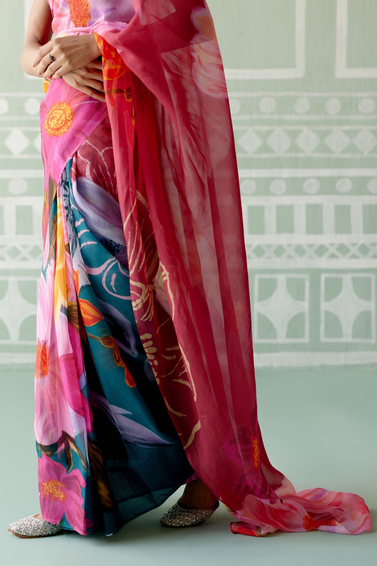 Teal &amp; Fuschia Floral Saree