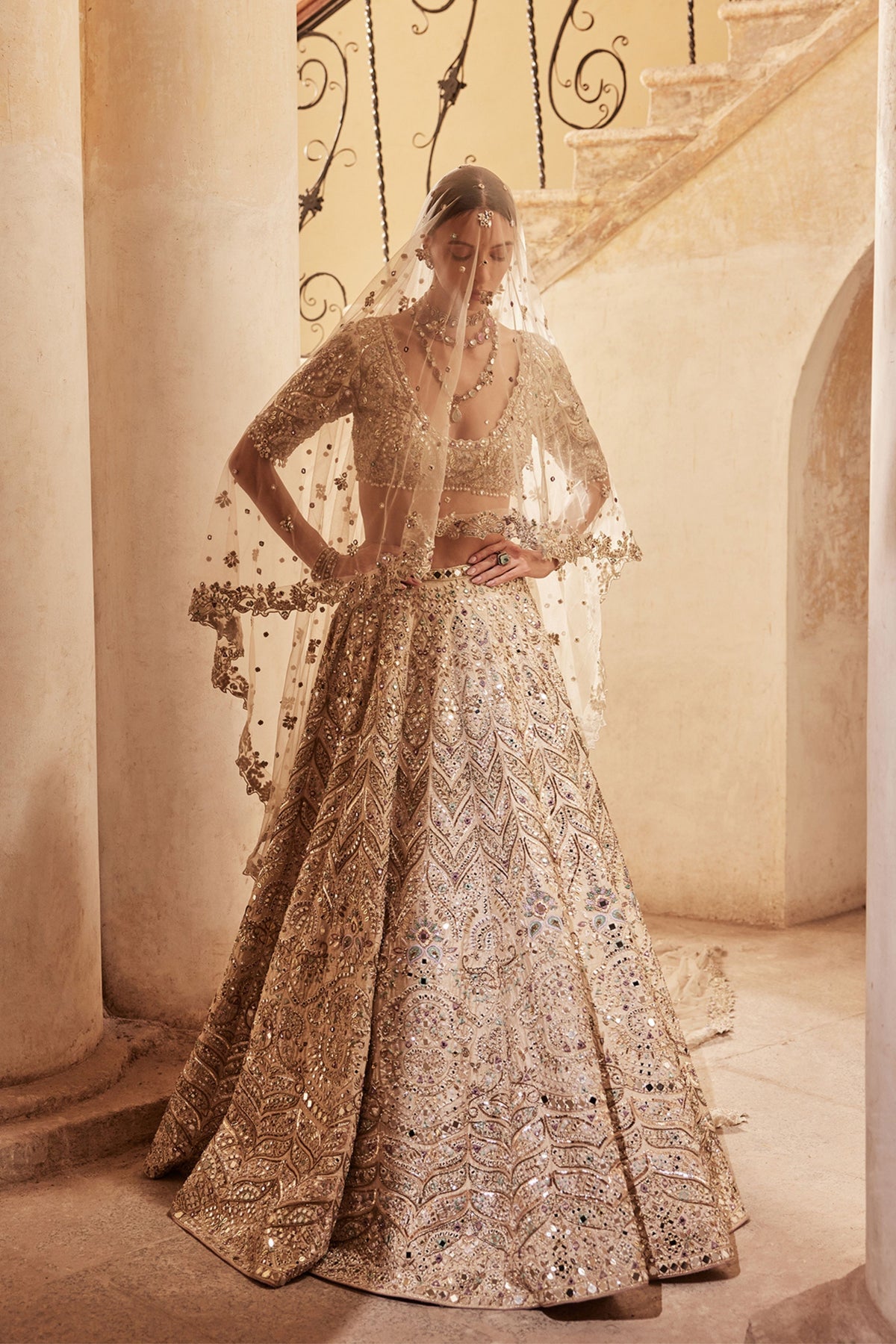 Champagne Rawsilk Mirror Lehenga Set