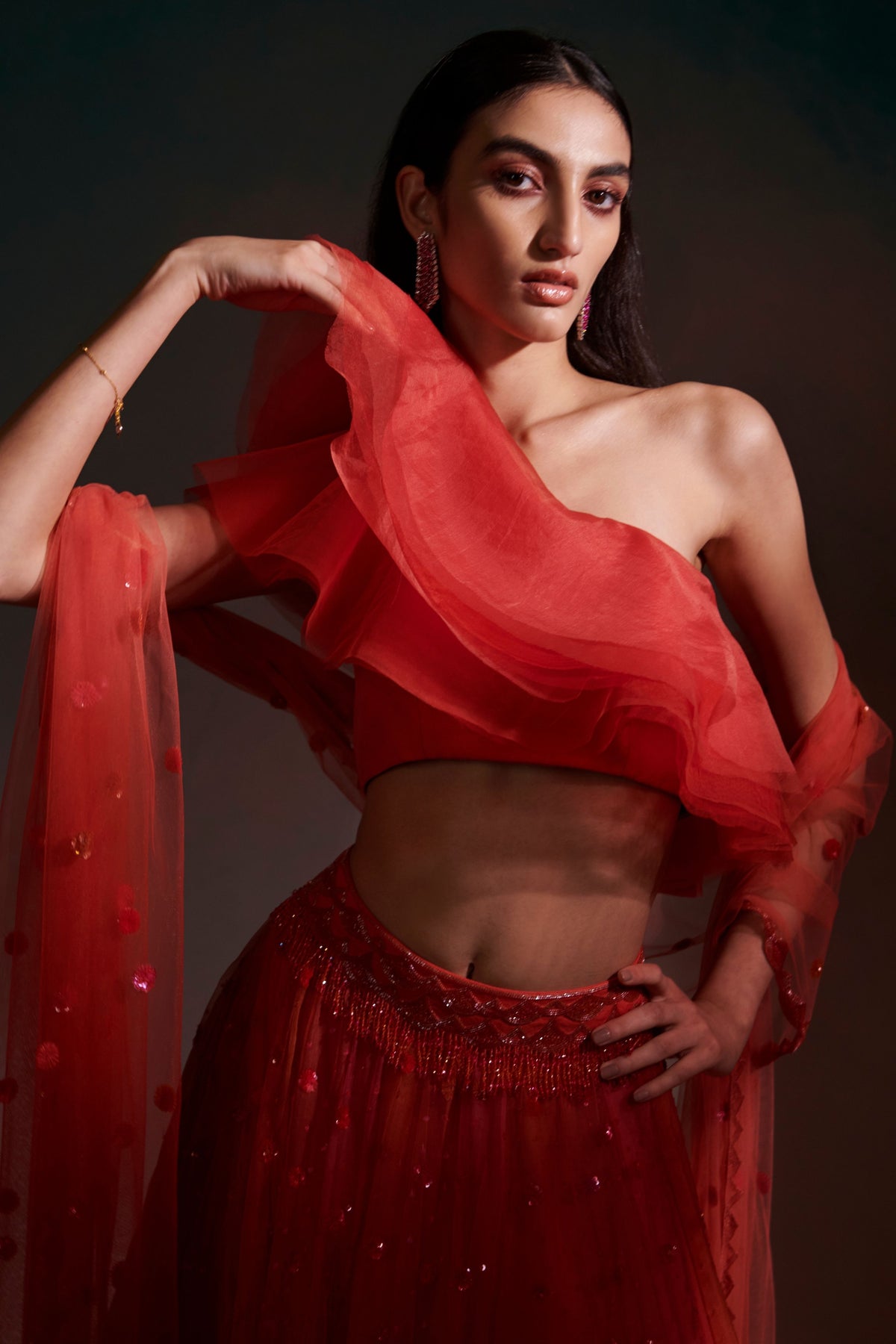 Red Ruffle Lehnga Set