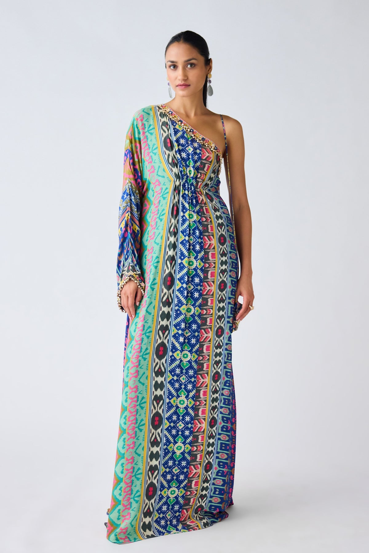 Blue Printed Asymmetric Neckline Dress