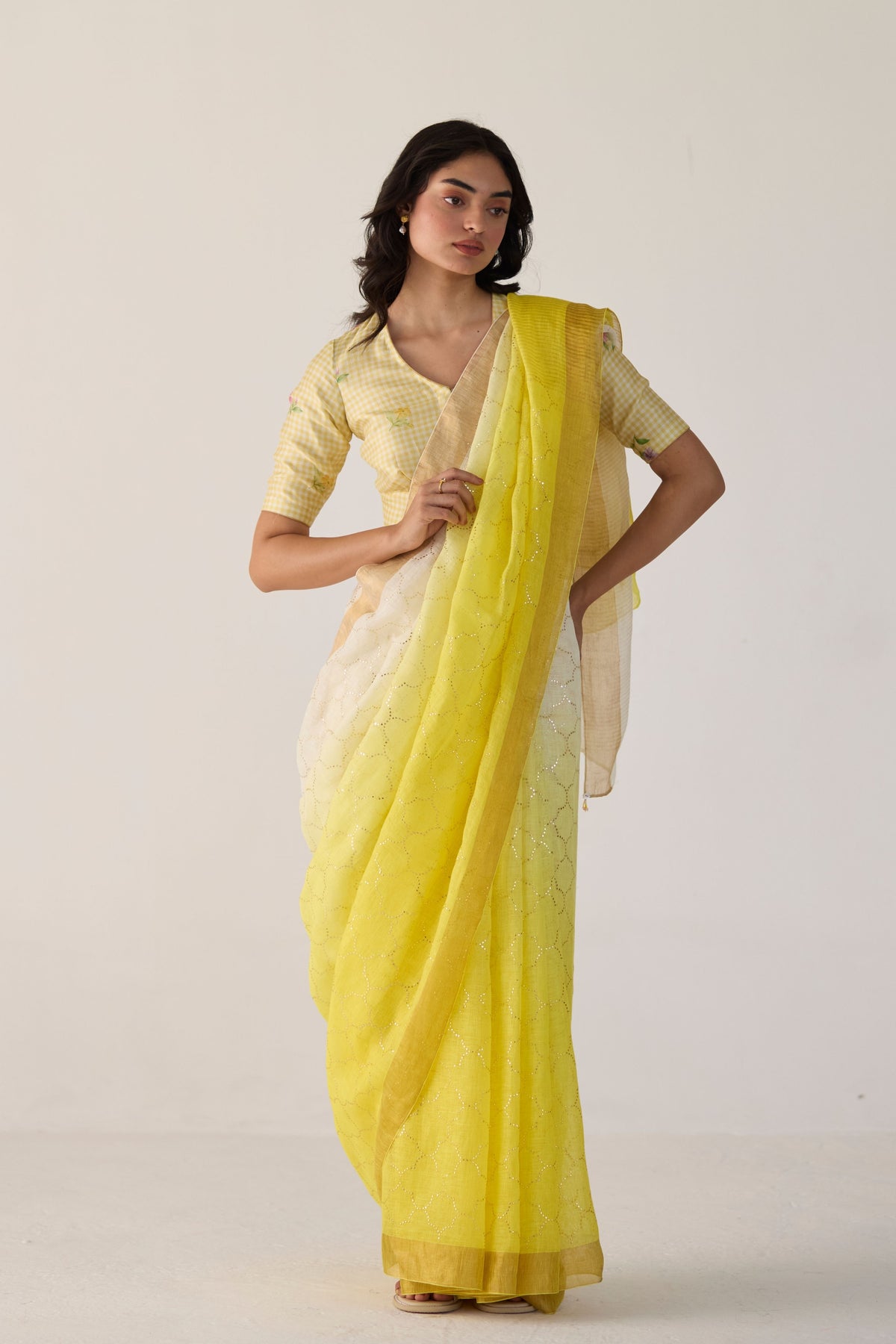 Yellow Ombre Sari With Gold Dot Print